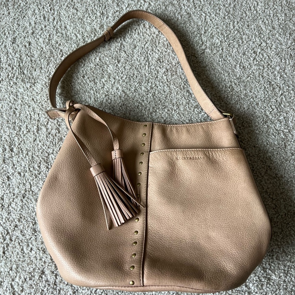 Lucky Brand Tan Leather Tassel Hobo Bucket Bag